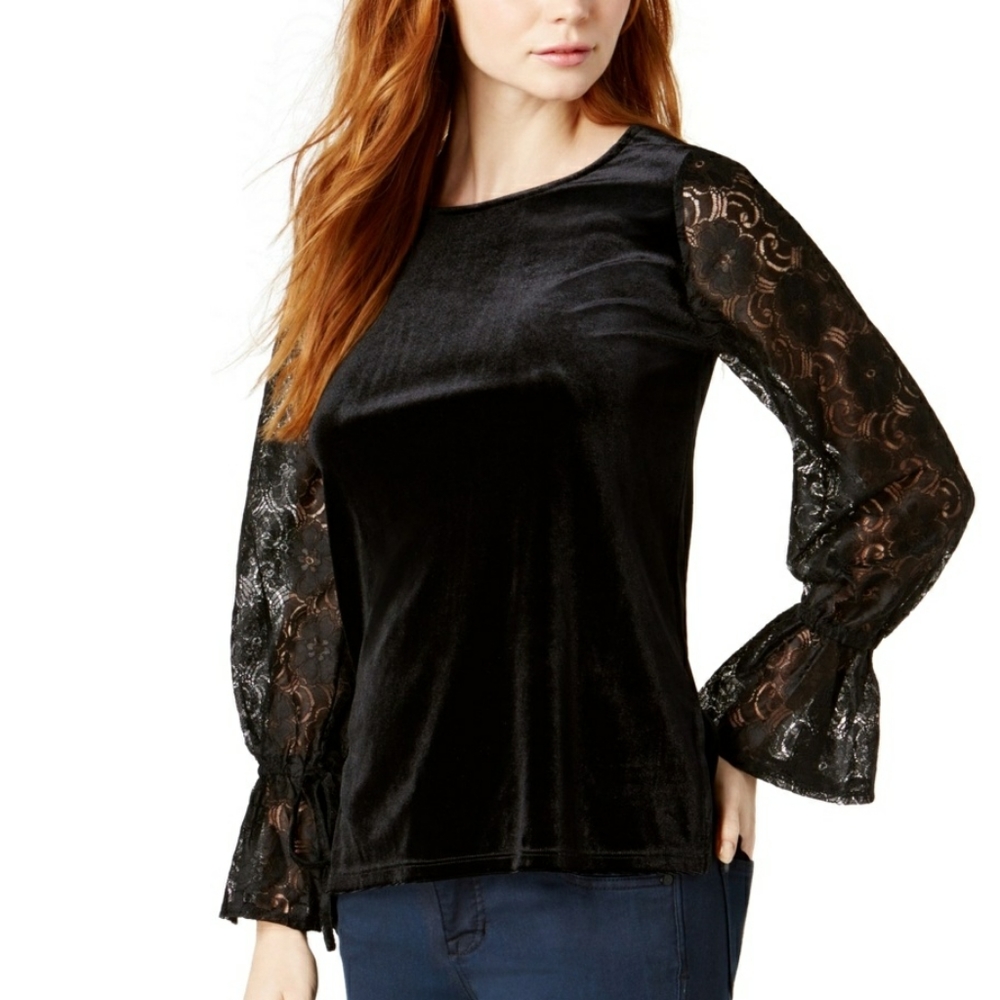 Kensie Velvet and Lace Black Long Sleeve B…